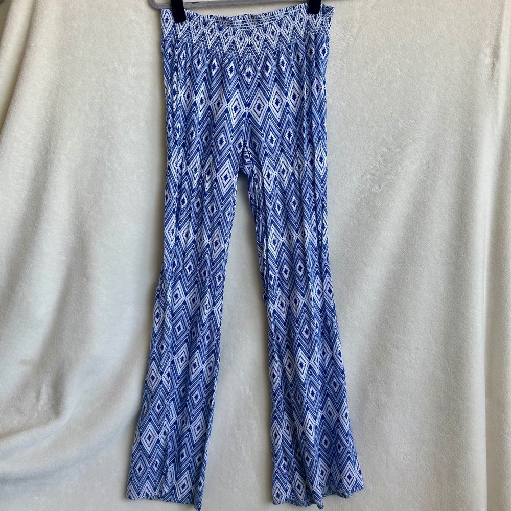 H&M‎ Divided Blue White Tribal Print Smocked Waist Wide Leg Pants 6